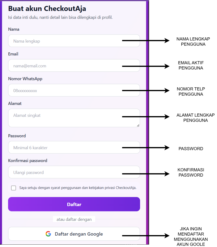 Screenshot formulir daftar CheckoutAja