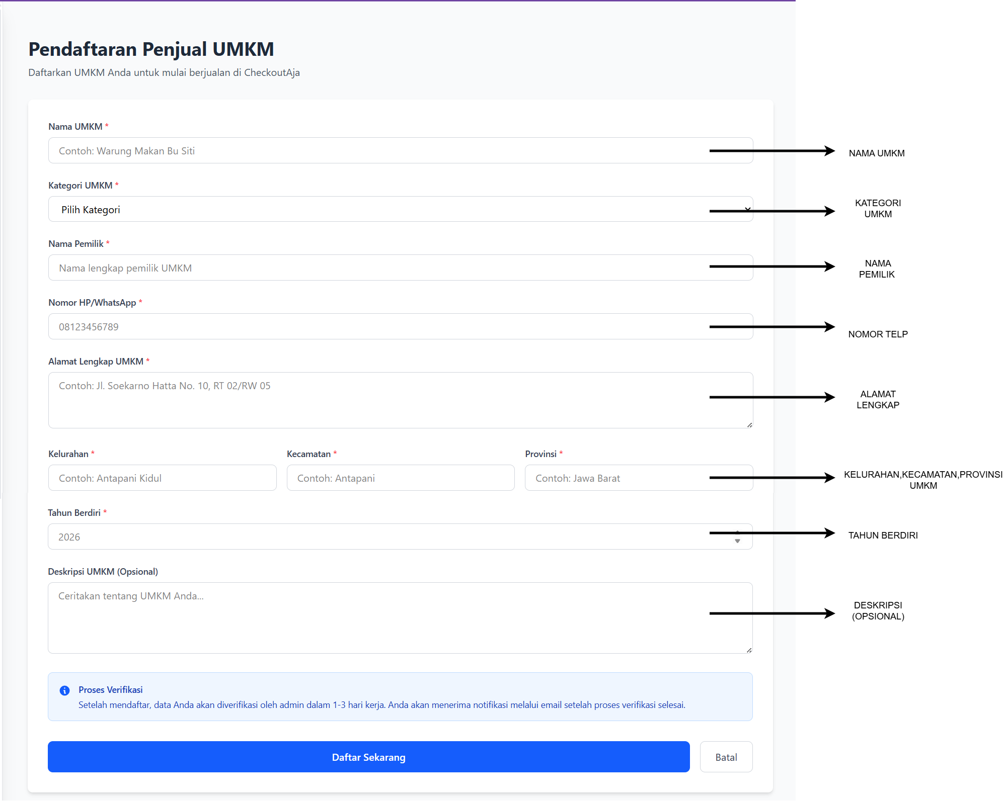 Screenshot pendaftaran penjual UMKM