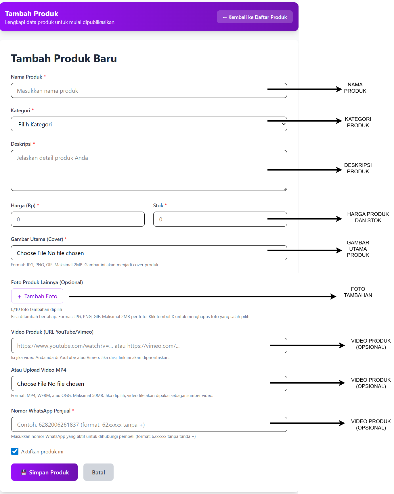 Screenshot tambah produk baru